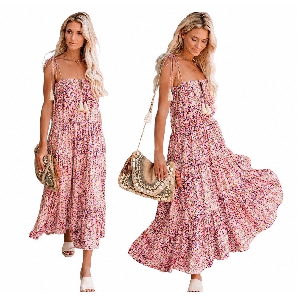 Storia Giselle Floral Tiered Maxi Dress Boho‎ Tassel Tie Pink Purple Size Medium